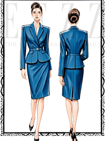 普藍色西裝套裝女職業(yè)裝春秋手繪設計手稿