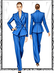 藍色條紋款雙排扣女職業裝定制手繪方案