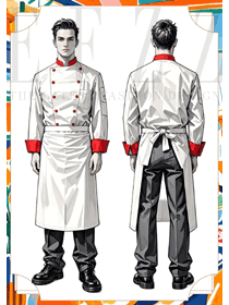 酒店高檔廚師工作服男長袖白色款紅色領子手繪圖