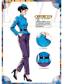 立領(lǐng)藍色空乘禮儀前臺接待工作裝手繪圖