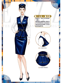 寶藍色翻領襯衫馬夾空姐制服手繪設計效果圖
