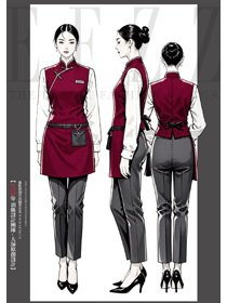 夏季酒店女服務員紅色款立領國風制服手繪圖