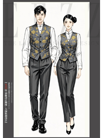 酒店中餐廳男女服務員深灰色馬夾款制服長袖手繪設計圖