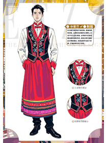 民族特色風格餐廳男服務員長裙制服手繪設計圖