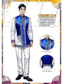 民族風(fēng)藍(lán)色男服務(wù)員長袍款工作服手繪