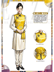 金色立領(lǐng)盤扣馬夾餐飲女工作服裝定制手繪圖