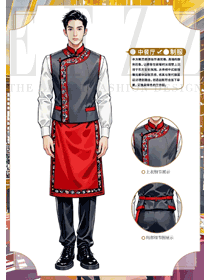 灰色馬夾紅色長圍裙餐飲服務員工作服設計圖