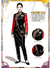 民族風(fēng)酒店餐飲黑色馬甲套裝工作服手繪圖