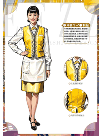 酒店餐館襯衫金色馬甲員工制服手繪圖