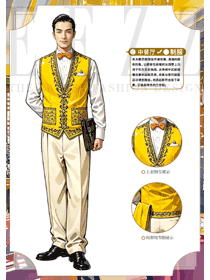 酒店餐廳金色印花面料領班工作服手繪作品圖