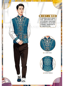 民族風(fēng)情特色酒店男服務(wù)生工作服馬甲款手繪圖