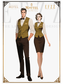 復古棕金風：西餐廳男女員工制服套裝設計手繪方案