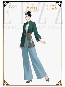 墨綠鑲金+淺藍(lán)闊腿，新中式酒店咨客制服的輕奢文化方案
