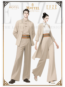 撞色腰帶賦能，淺米色男女會所酒店咨客制服的視覺焦點